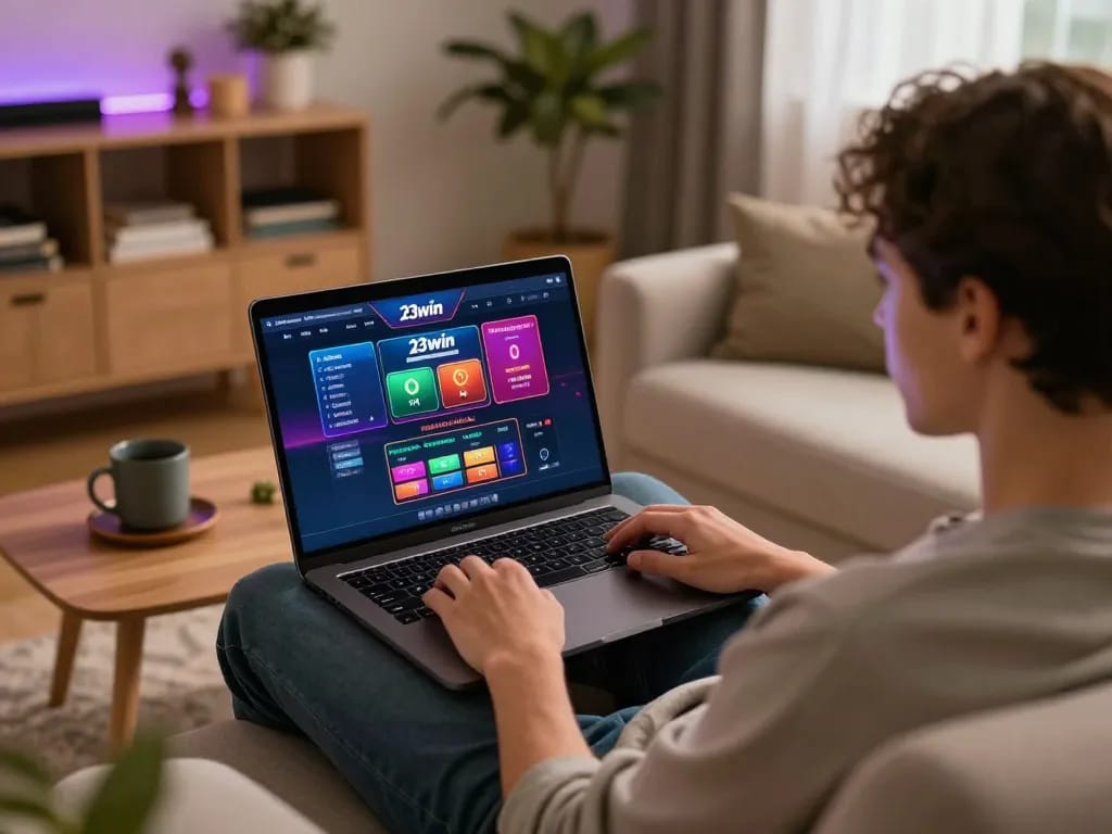 Engaging online gaming scene showcasing 23win's casino interface on a laptop in a cozy environment.