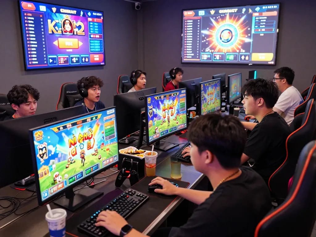 Players enjoying nổ hũ da88 slot games in a lively gaming lounge.