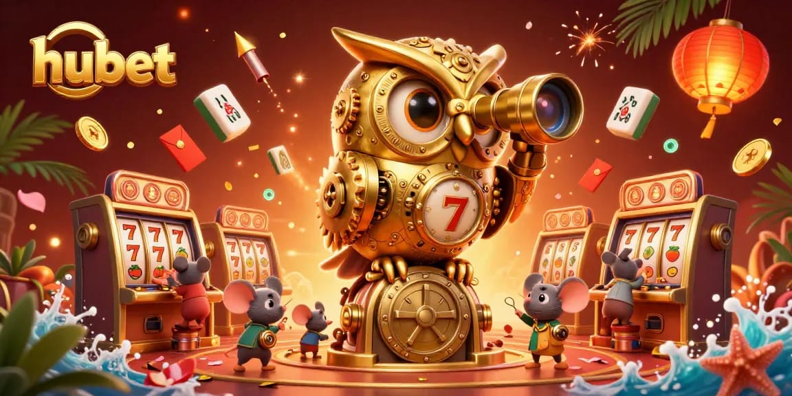 Engage in exciting gameplay at hubet, featuring a golden owl overseeing vibrant casino action with colorful slot machines.