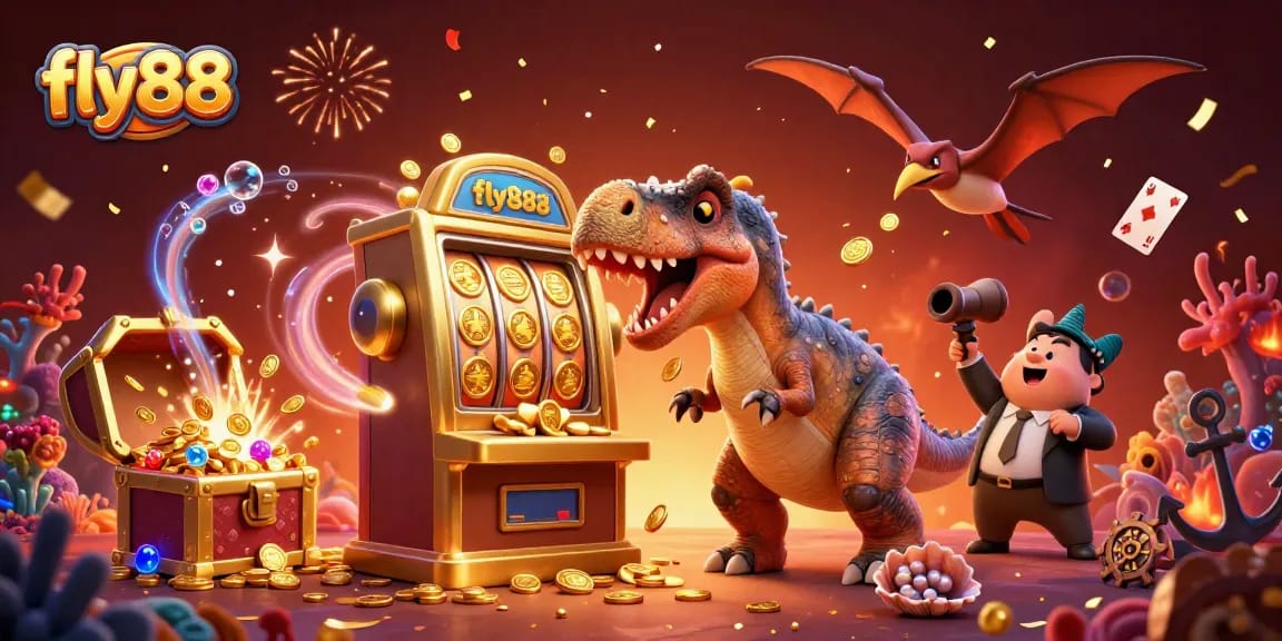 Experience a thrilling fly88 jackpot moment with a dinosaur and casino chaos!