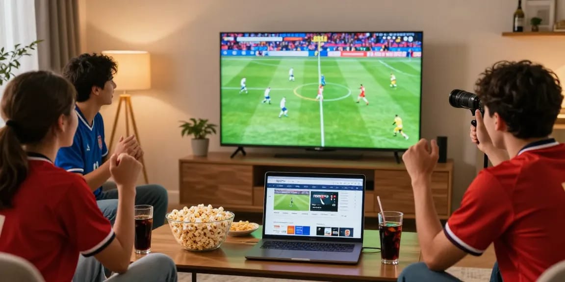 CaKhia TV xem bong da with friends excitedly watching a live football match together in a cozy home.