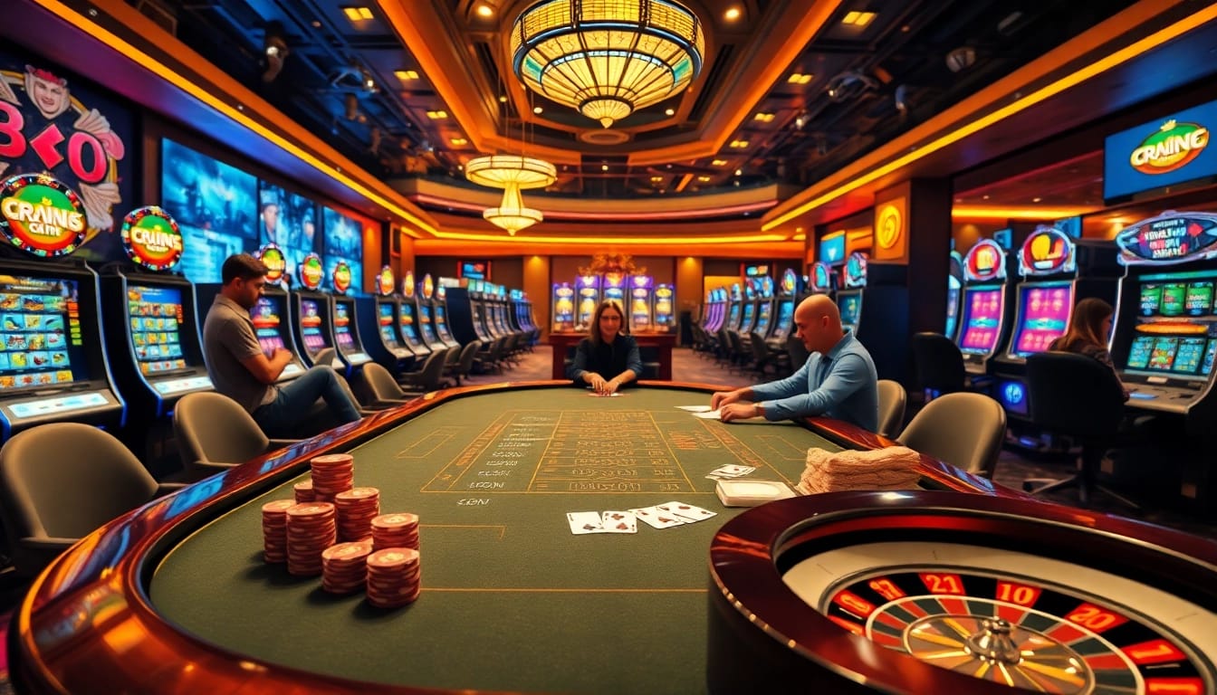 The vibrant gaming scene at https://8xx.golf/ featuring poker tables, roulette wheels, and lively players immersed in the excitement of online gambling.