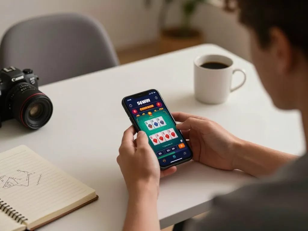 Engaging in gameplay on the 56WIN mobile app, showcasing strategic betting in a home setting.