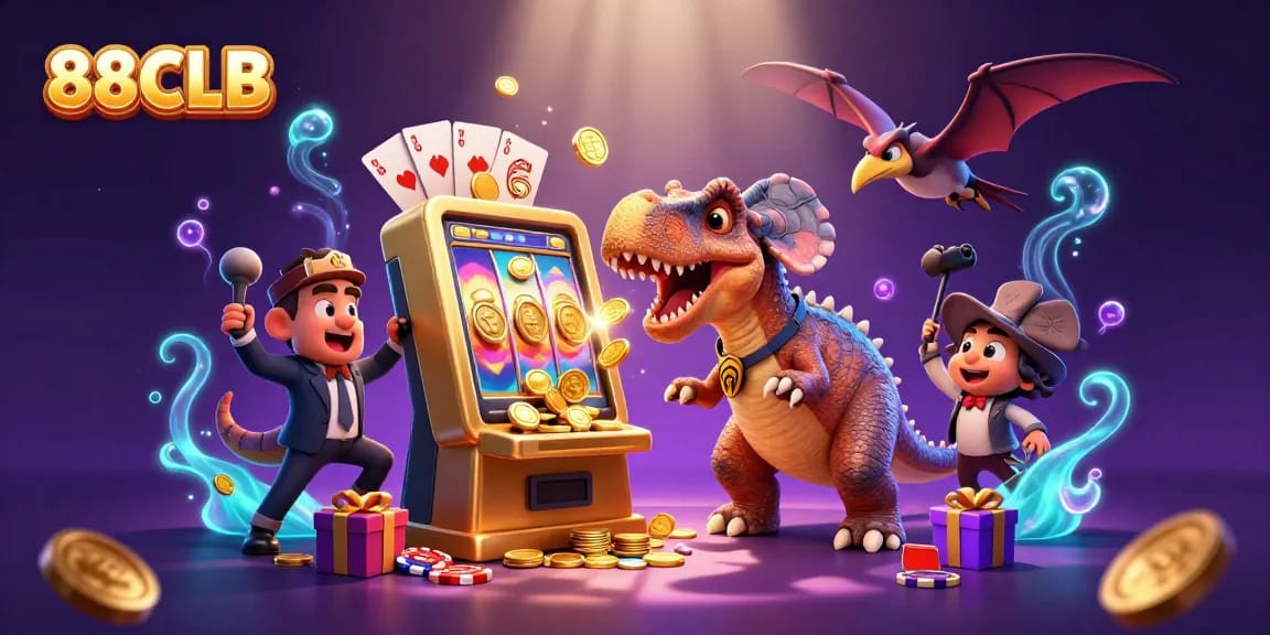 Experience thrilling jackpots at 88CLB with a dynamic casino scene featuring cartoon characters amid cascading coins.