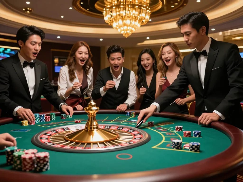Players placing bets at a luxury roulette table in the fly88 casino, showcasing excitement in action.