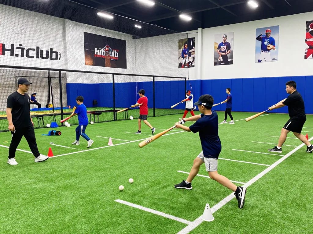 Exciting training scene at hitclub with young athletes practicing hitting techniques indoors.