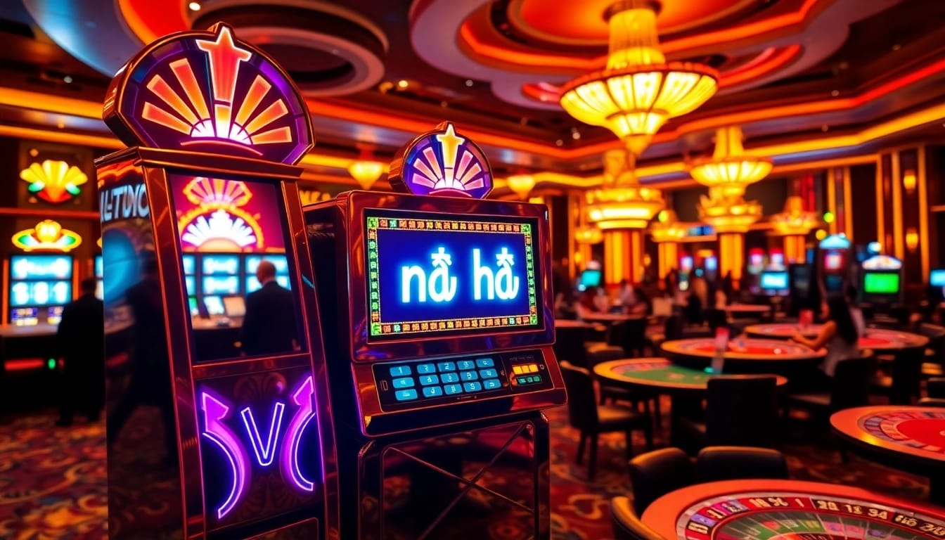 Win big with nổ hũ at an extravagant casino featuring vibrant slot machines and excited players.