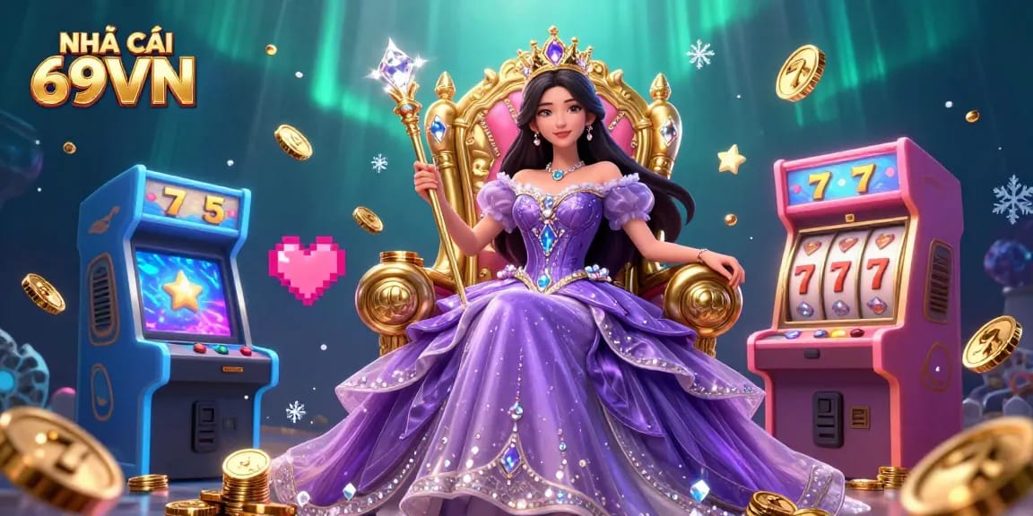 Engage with the NHÀ CÁI 69VN experience amidst slot reels, glowing coins, and a royal setting.