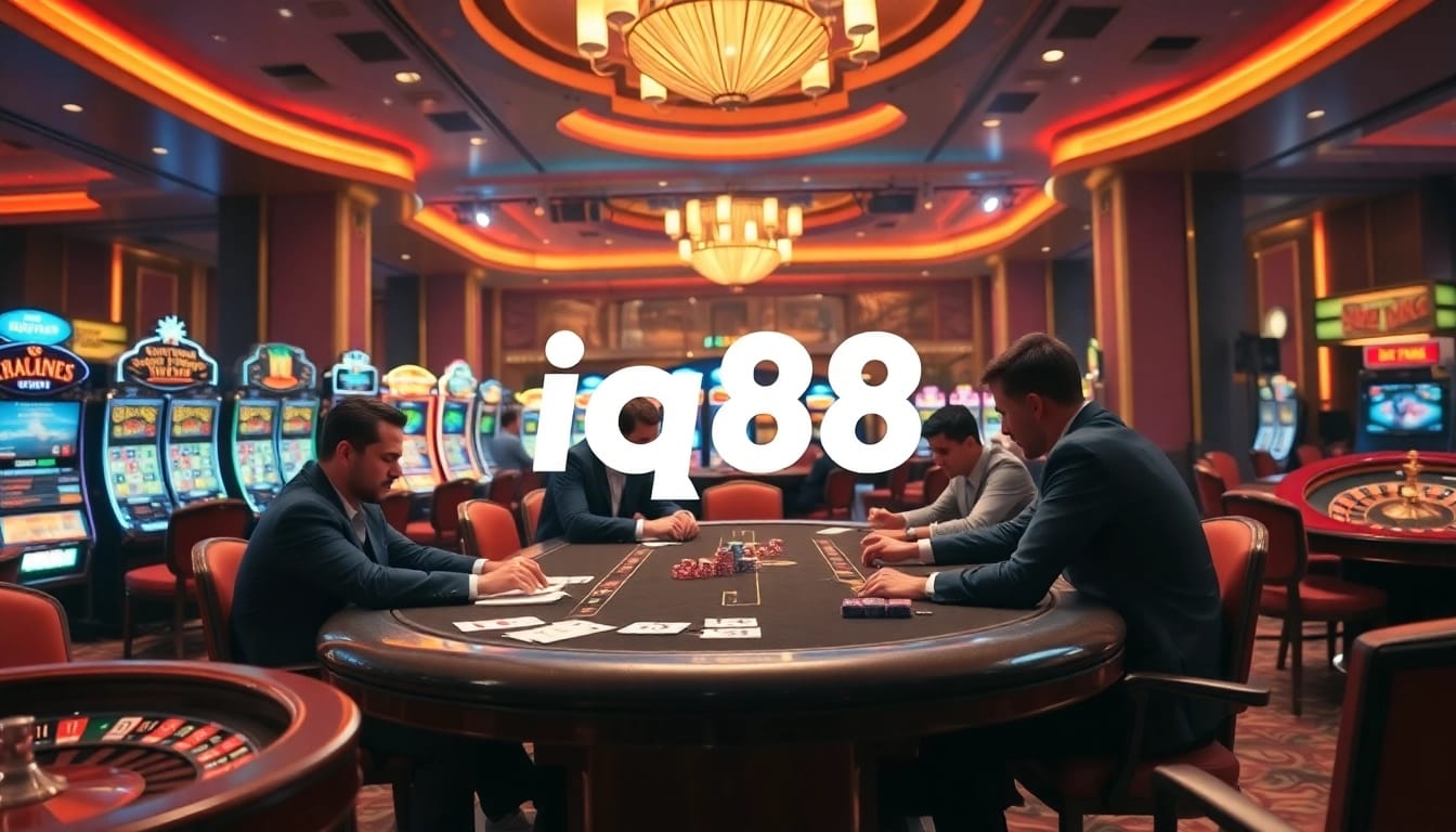 Players enjoying poker at a luxury table in the IQ88 online gaming casino experience.