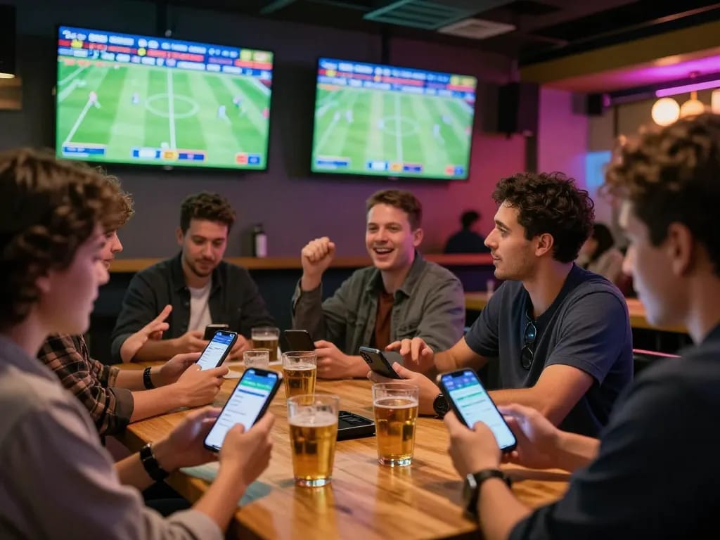 Engaged patrons placing bets on Bongdalu, showcasing mobile apps and live sports action in an exciting sports bar.