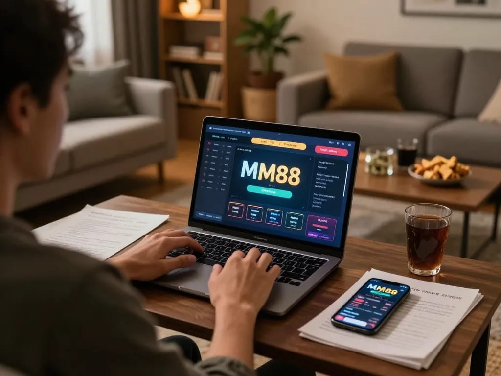 Engaged player enjoying MM88 online casino experience in a cozy home environment, strategic notes and smartphone close by.