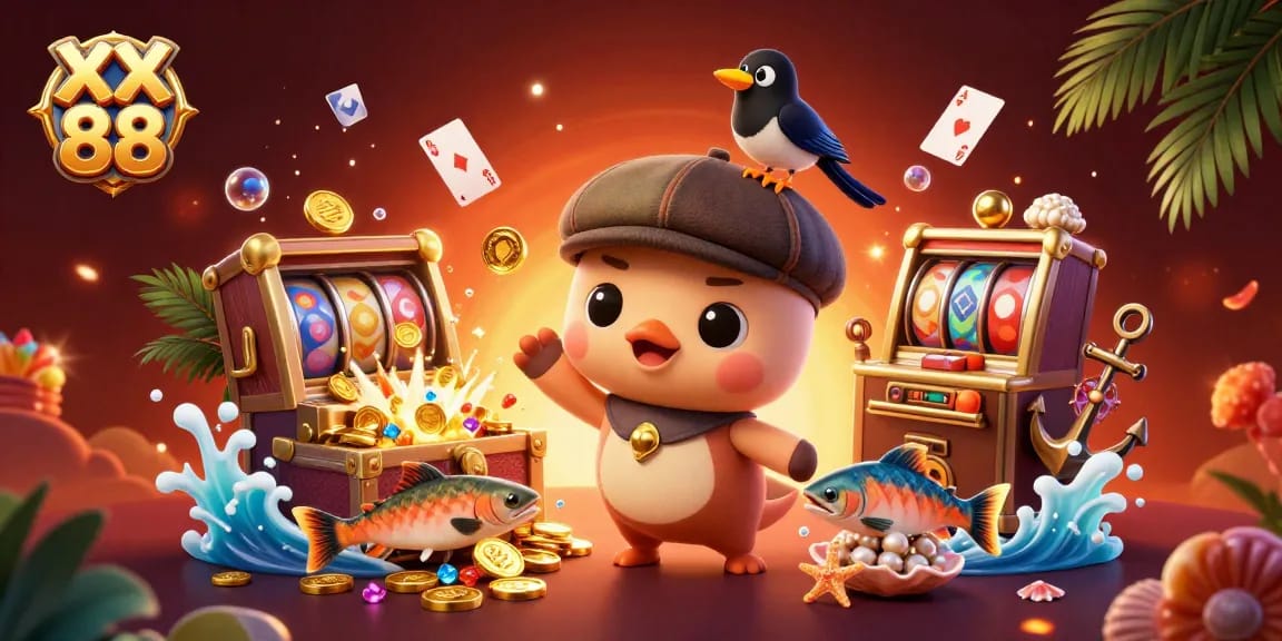 Experience the thrill of wins at XX 88 with playful characters and vibrant slots surrounded by jewels.
