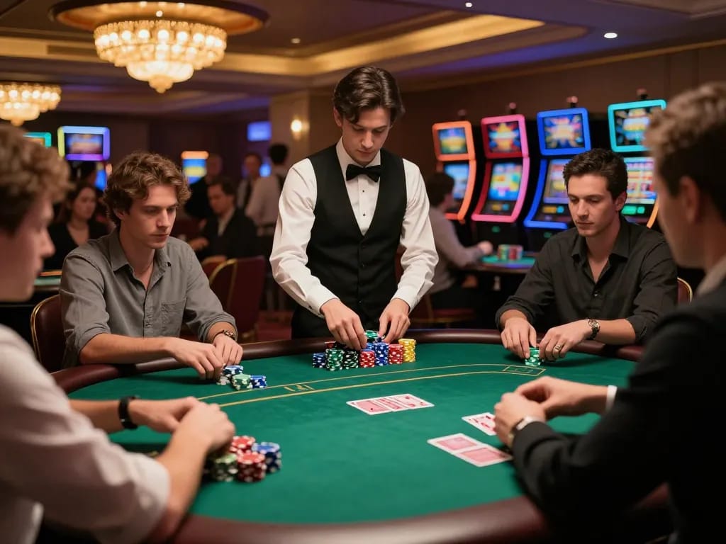 Players strategizing at a poker table in a vibrant casino, capturing the thrill of debet gameplay.