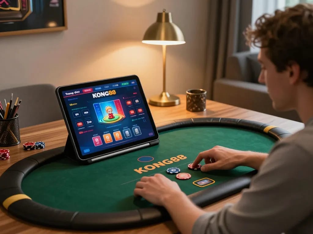 Engaging in poker game on trang chủ KONG88 via tablet in a cozy home setting.