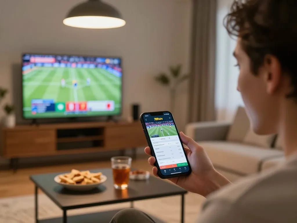 Engaging in sports betting on 789win app while watching live events at home.