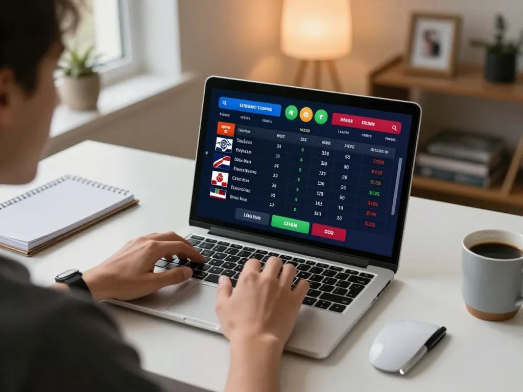 Engaging in live sports betting with 1GOM's casino app on a laptop at home.