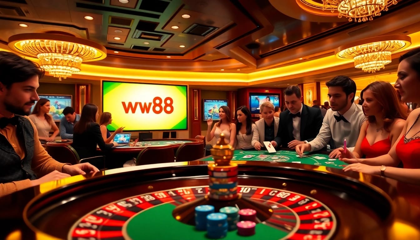 Experience the thrill of gambling at ww88 with poker chips and a roulette wheel.