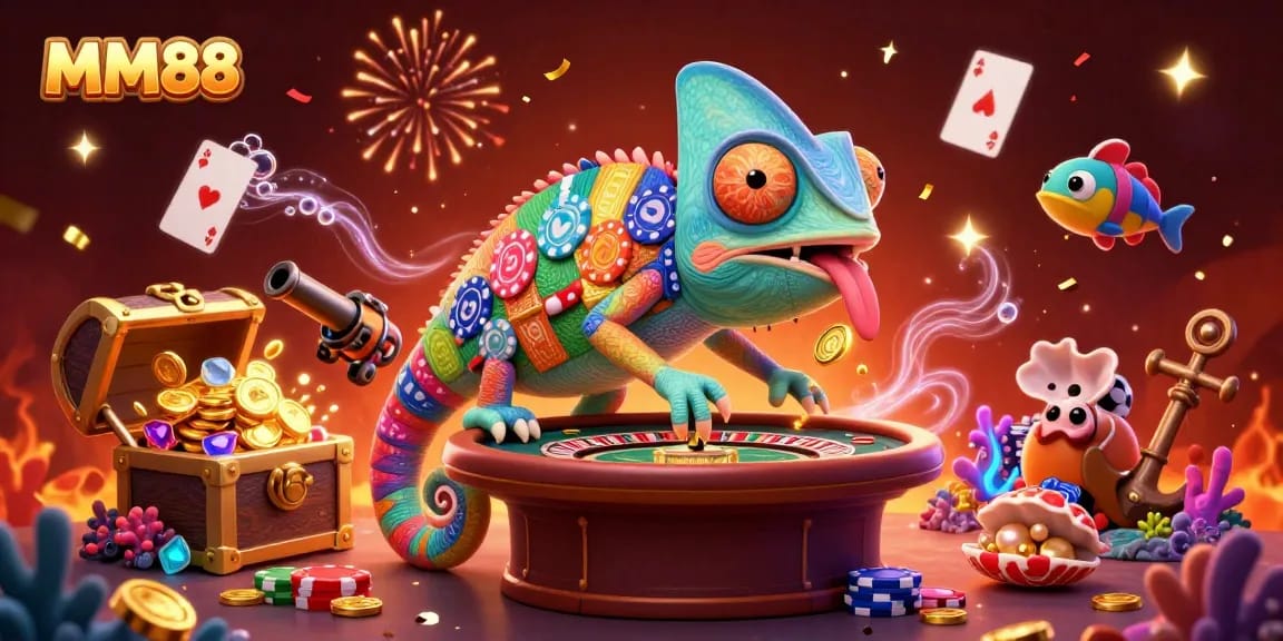 Engage with MM88's exhilarating casino scene, featuring vibrant chameleon owner and poker action.
