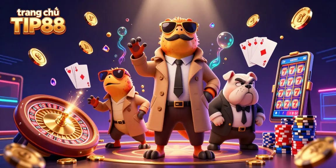 Engage in thrilling moments at trang chủ TIP88, featuring raptors and a bouncer in a vibrant casino scene.