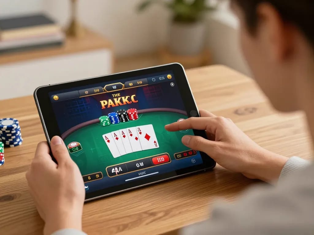 Engaging in a poker game on a tablet while immersed in the exciting world of 23winn online gaming