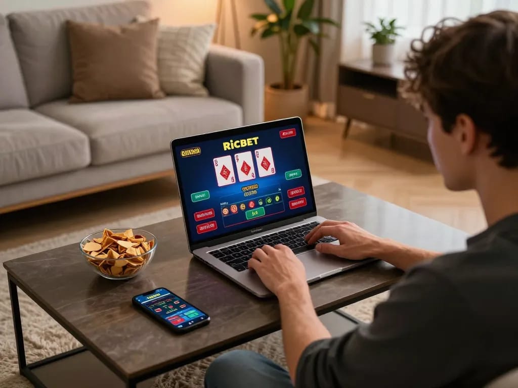 Player enjoying Ricbet online casino game on laptop in modern living room, demonstrating responsible gaming.