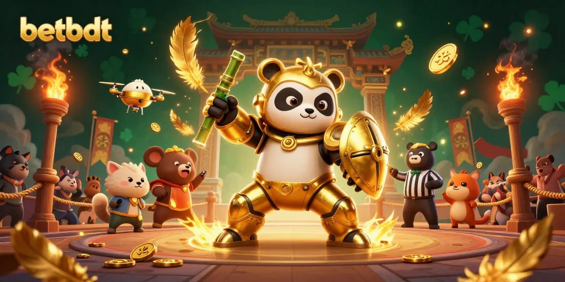 Engage with betbdt in electrifying 3D casino action featuring a mech-suit panda in vibrant fight arena.