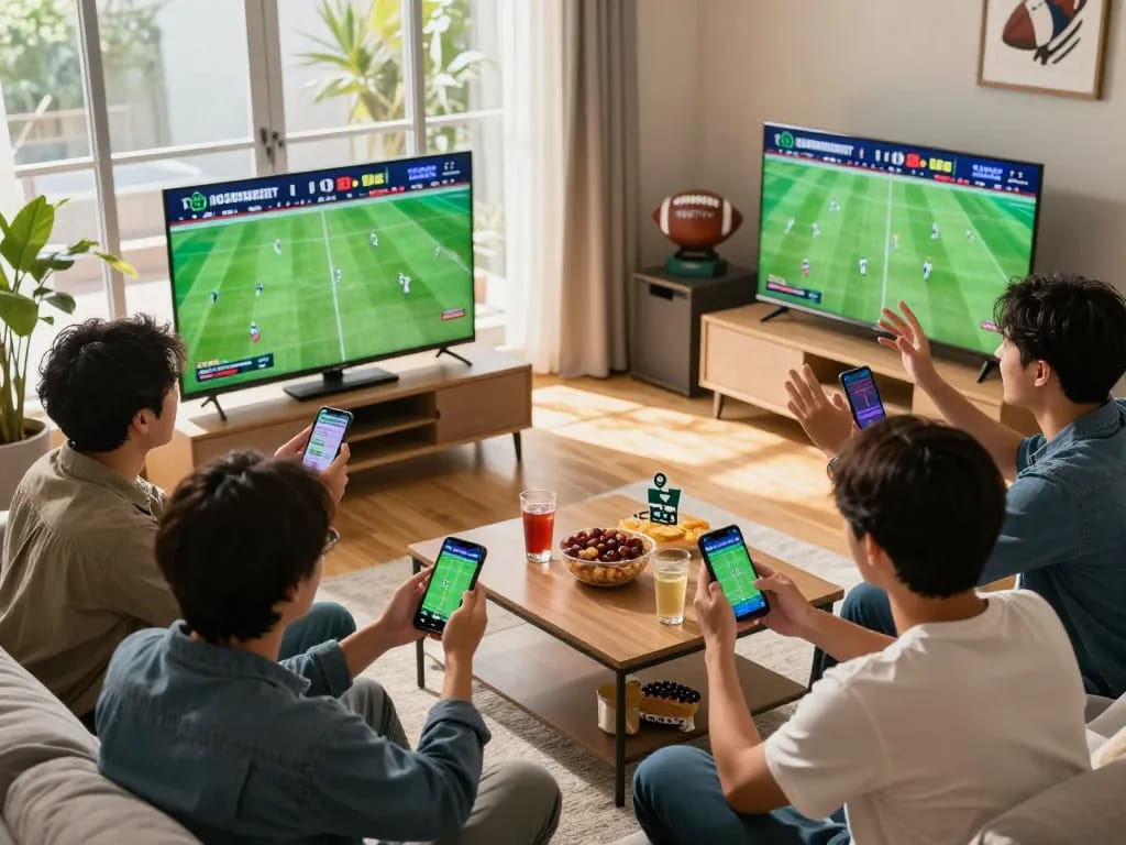 Soi kèo for live sports betting with friends, showcasing smartphones and excited expressions.