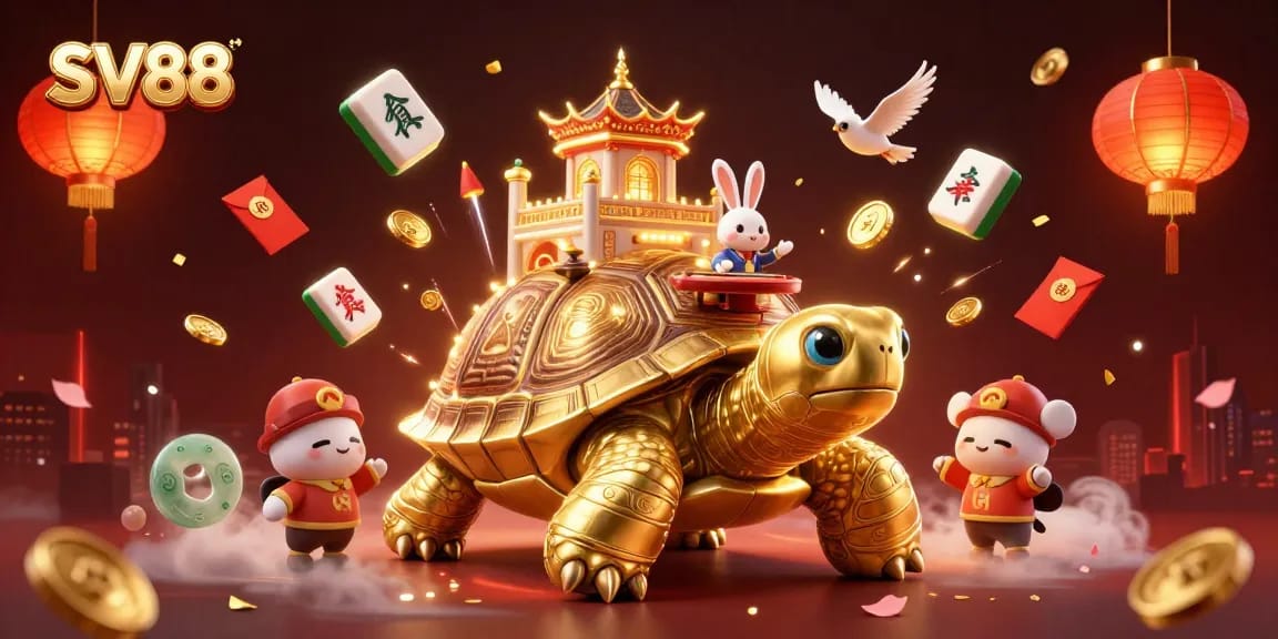 Experience SV88 with a cartoon golden tortoise casino scene featuring games and prizes.