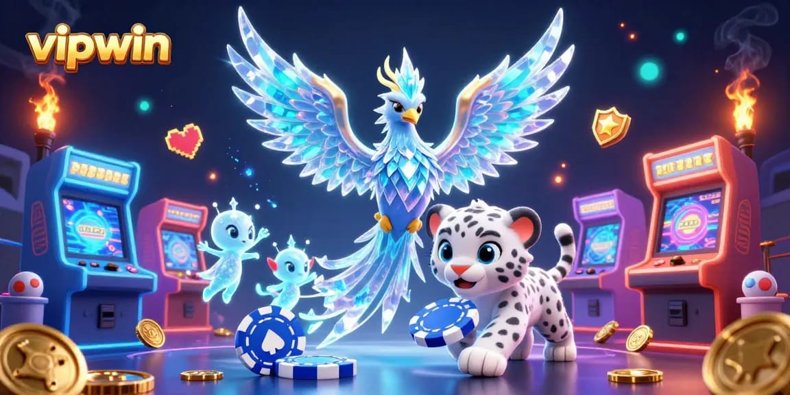Experience the excitement with vipwin - playful ice phoenix and snow leopard in a magical casino world