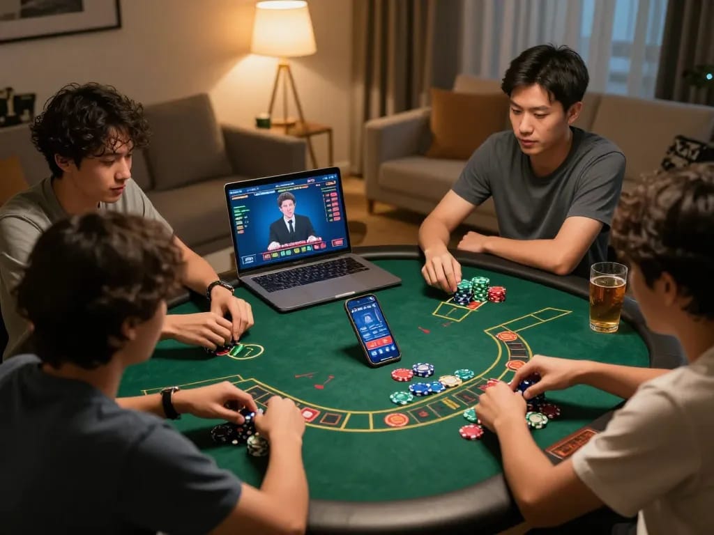 Engaging in tài xỉu online with friends at home, showcasing smartphone and live dealer interactions.