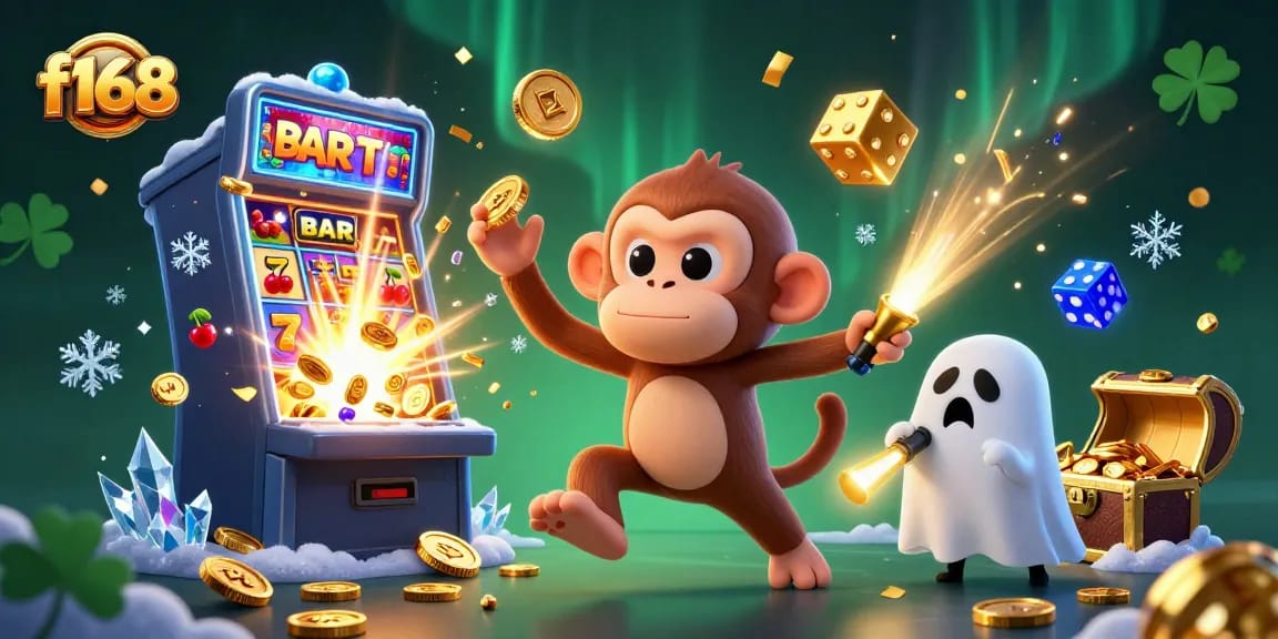 Engage with f168 as the poltergeist monkey juggles casino treasures in a vibrant haunted casino scene.