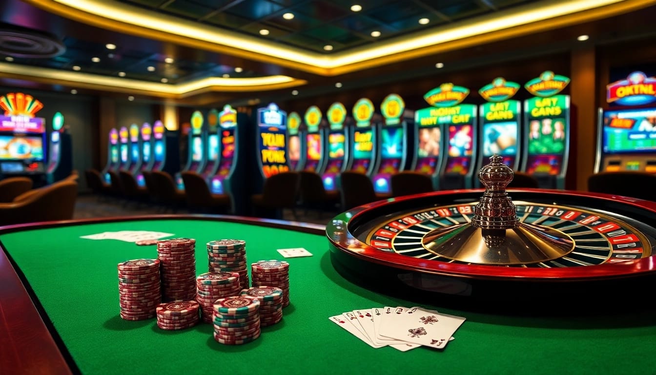 A lively casino table scene at 88AA COM, showcasing poker chips, cards, and a roulette wheel, inviting excitement and engagement.