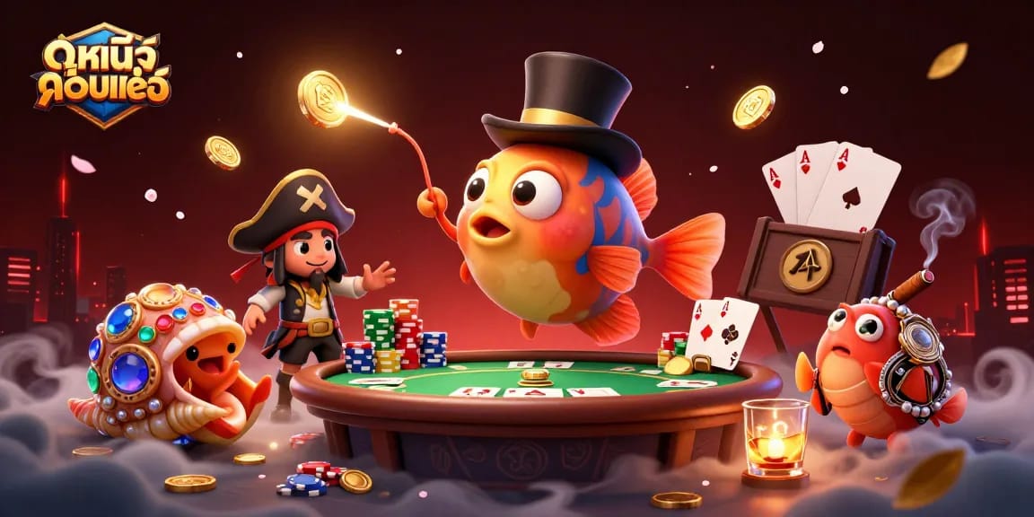 Experience ดูหนังออนไลน์ in a vibrant casino-themed fantasy illustration with colorful characters.