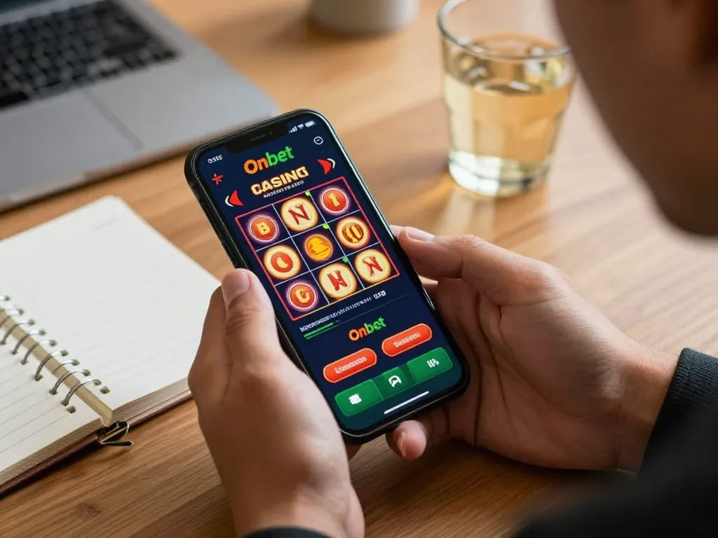 Playing on the Onbet app, a smartphone user engages with a dynamic casino interface in a cozy workspace.