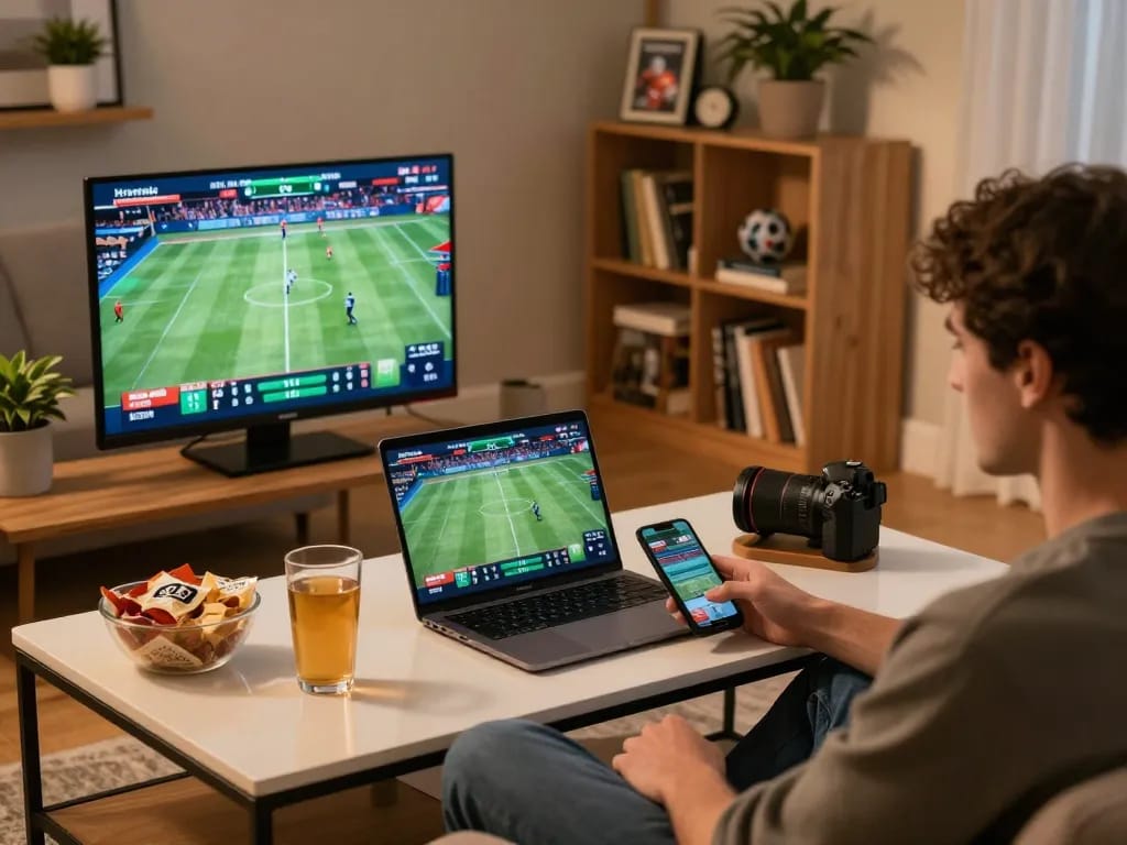 Engaged user optimizing sports betting on Bsport's platform in a cozy home environment.