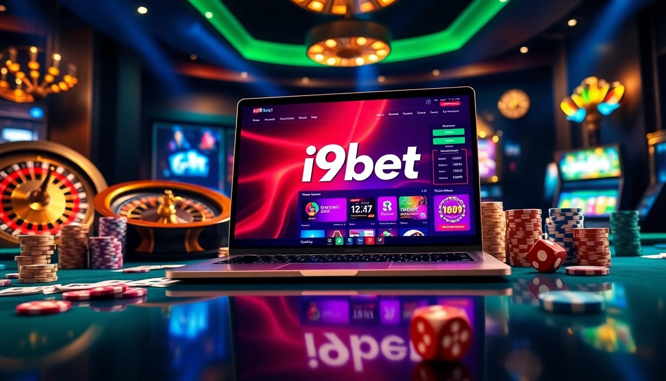 I9bet online gambling scene featuring vibrant casino elements like poker chips and a roulette wheel.