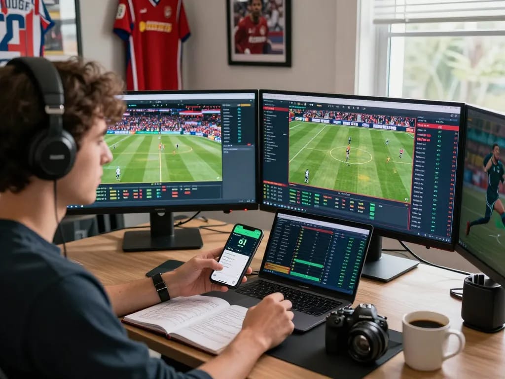 Exciting 1gom sports betting scene with multiple screens and sports memorabilia in a vibrant home office.