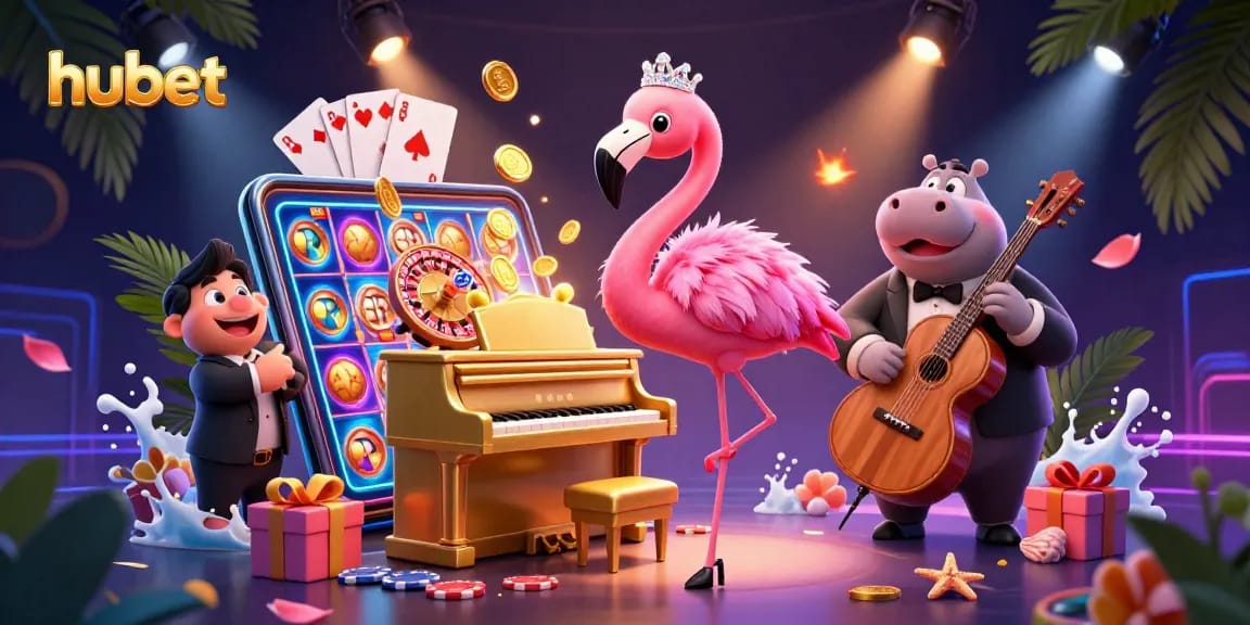 Experience the thrill of hubet with vibrant slot games and lively characters in this detailed casino illustration.