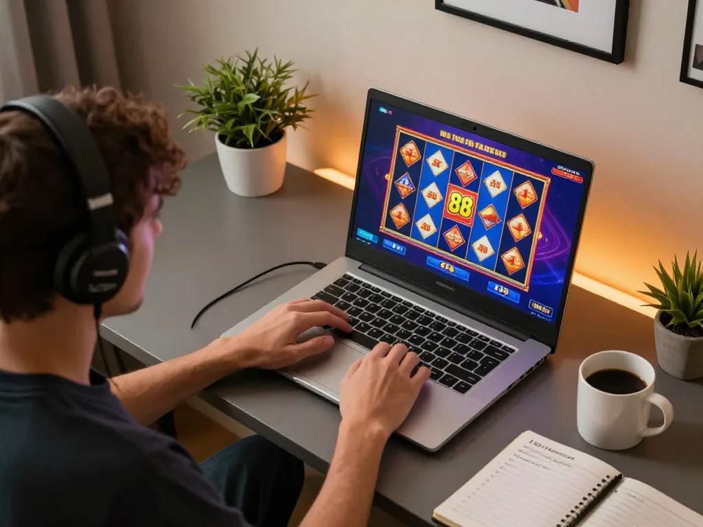 Player enjoying Go 88 games on a sleek laptop, with vibrant slot graphics in a cozy home setup