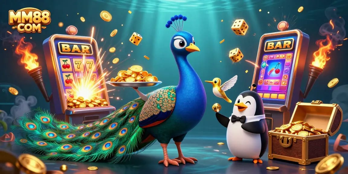 Experience thrilling gaming at MM88 COM with vibrant casino elements, exquisite characters, and animated luxury.
