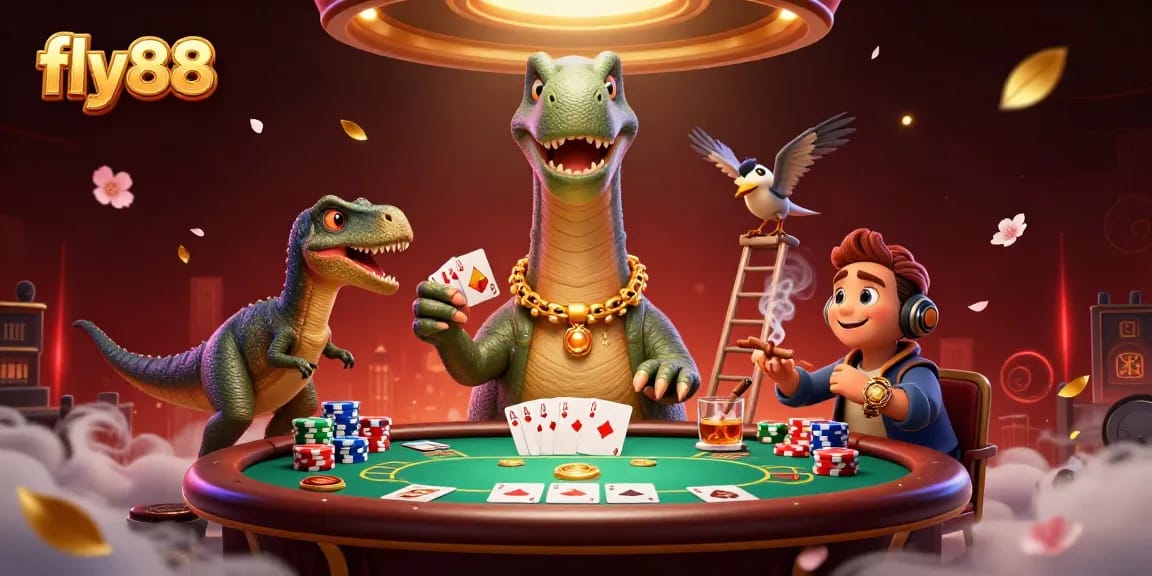 Engage with the dynamic fly88 casino scene, where a cartoon dinosaur oversees a thrilling poker game.