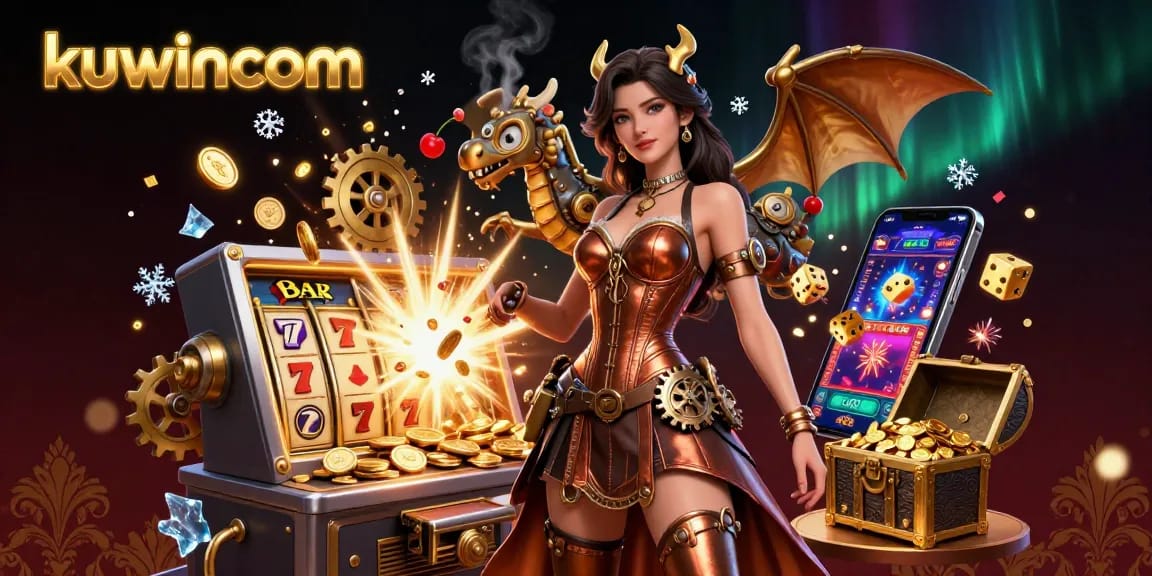 Kuwincom launches thrilling slot machine games with stunning visuals of a steampunk dragon and jackpot excitement.