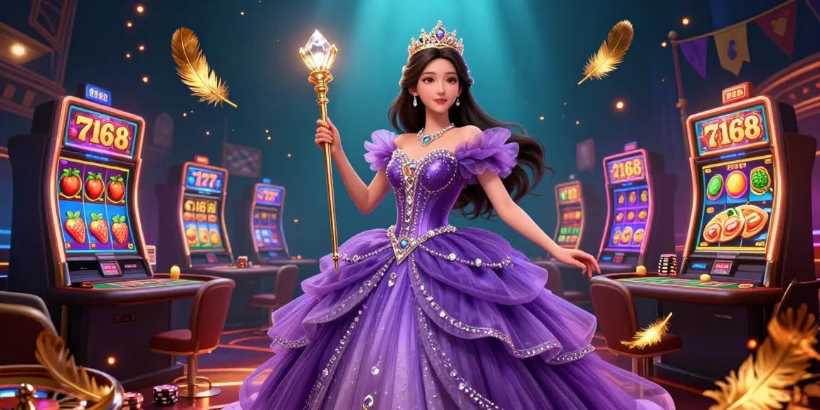 Engage with f168 in this vibrant casino scene featuring slots, poker tables, and a royal princess.