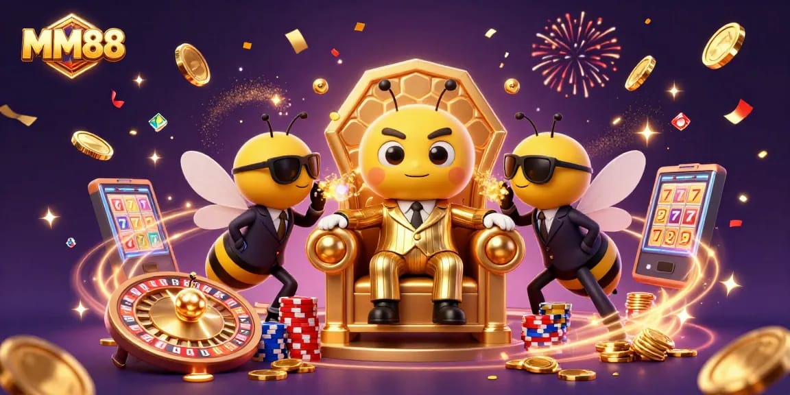 Experience MM88's vibrant casino scene with a mob boss and fluttering butterfly in a rich digital illustration.