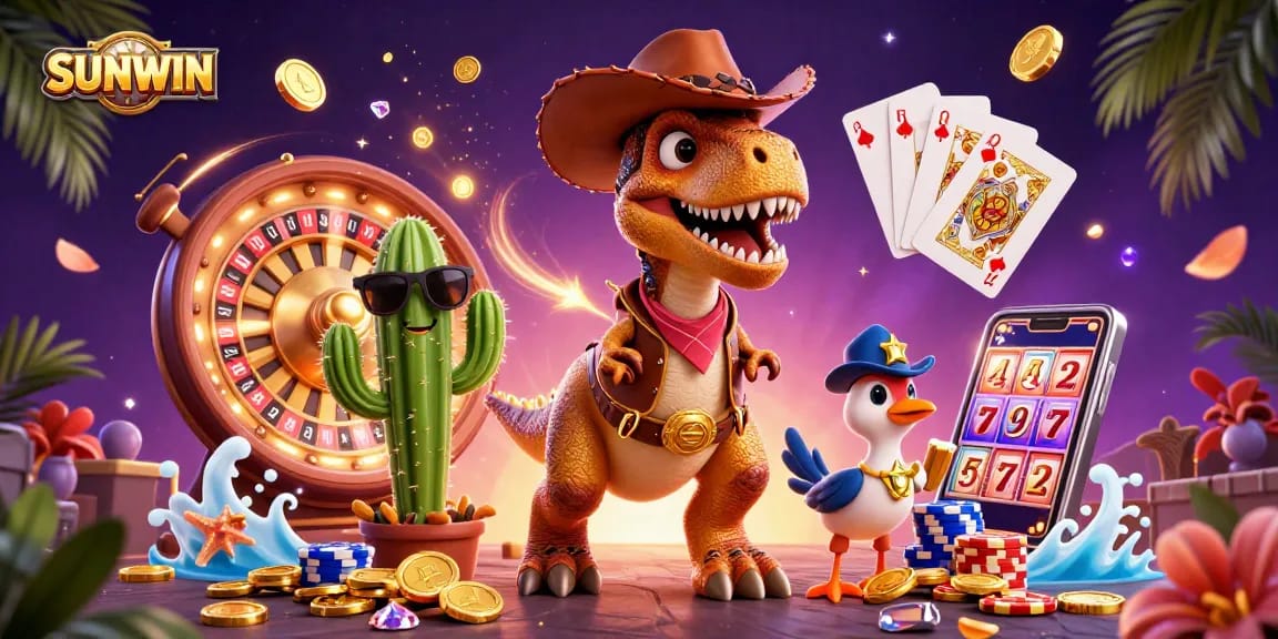 SUNWIN casino illustration showing T-Rex, a cactus, and a roadrunner surrounded by cascading coins and a roulette wheel.