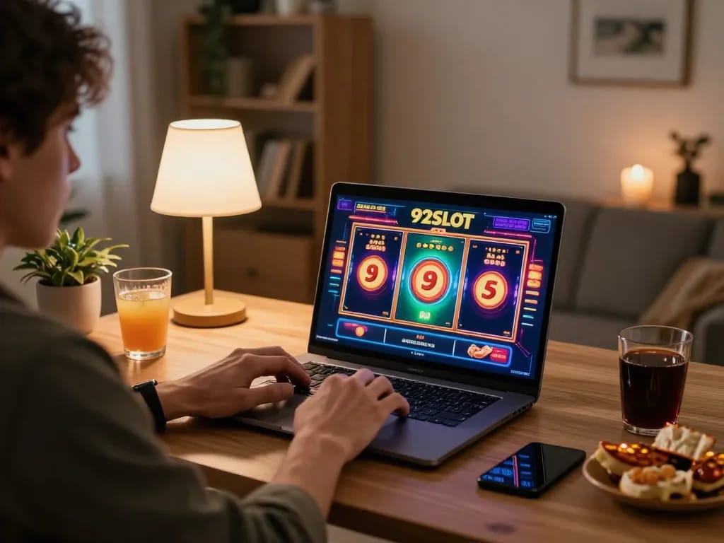 Player enjoying vibrant 92SLOT slot games on a laptop in a cozy home setting