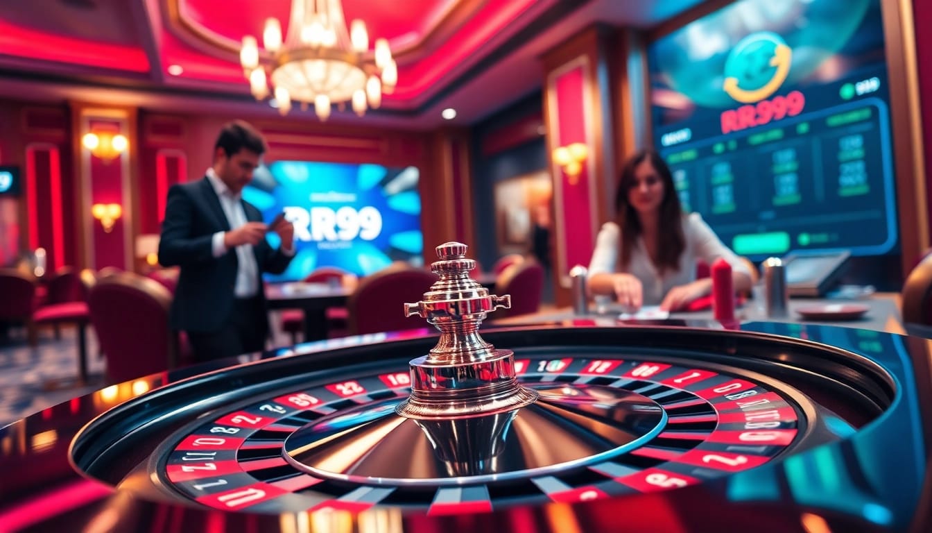 Engage in gaming excitement with RR99 at a luxurious casino featuring roulette and poker.