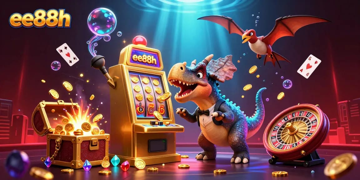 ee88h activates a jackpot as cartoon dinosaur interacts with a golden slot machine in a vibrant casino scene.