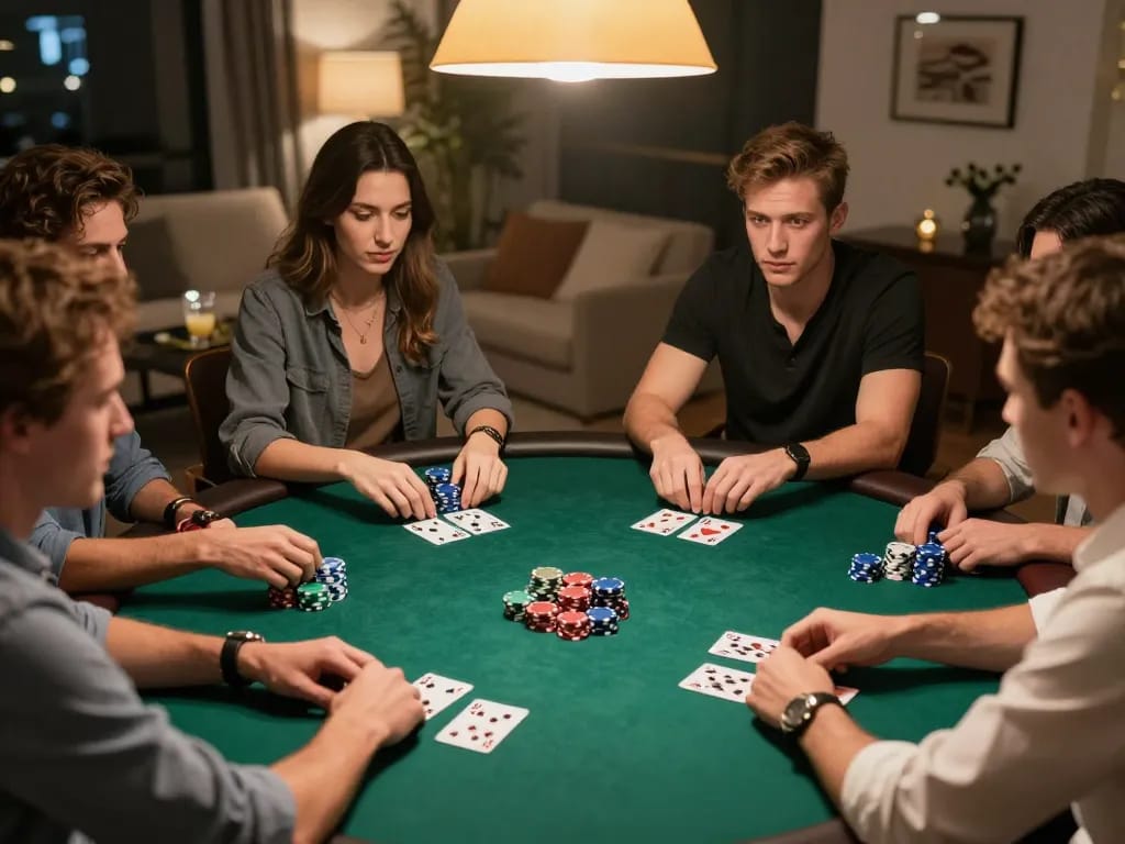 Players strategizing during a competitive poker game at home, highlighting go8 gaming tactics.