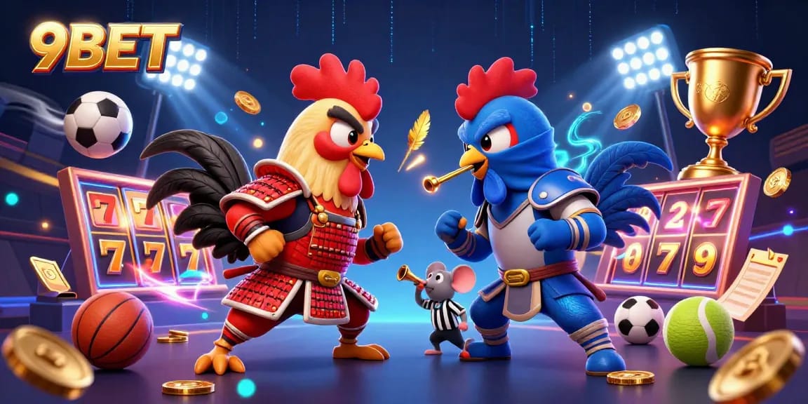 Experience 9BET excitement with twin fighting roosters and jackpot elements in a dynamic casino illustration.